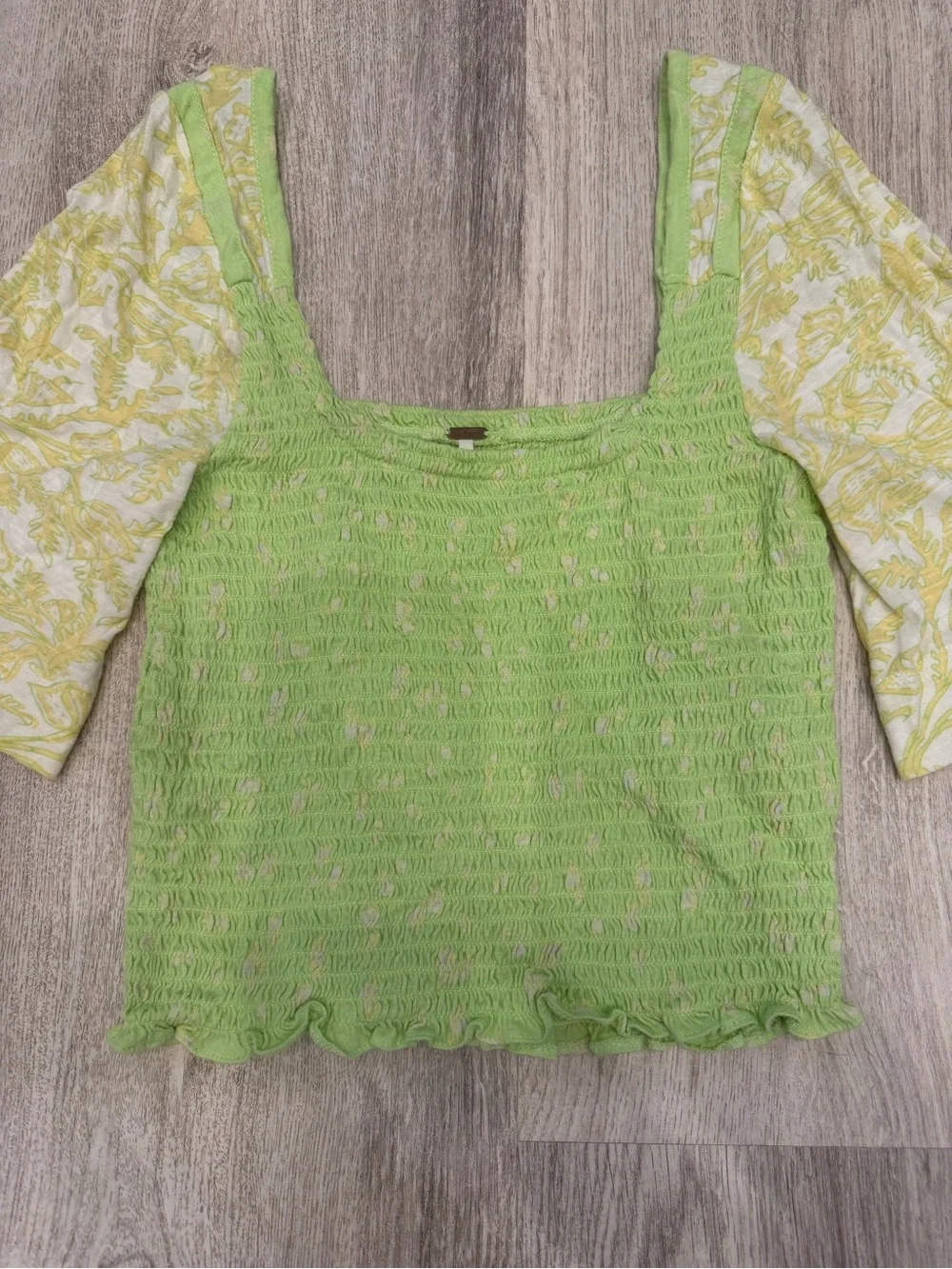 Free People XS Green Smocked Bell Sleeve Crop Top Boho